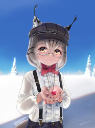Rule 34 | 1girl, animal ear fluff, animal ears, beleven, black hair, bow, bowtie, buttons, center frills, closed mouth, commission, day, ears through headwear, eurasian lynx (kemono friends), frills, glasses, grey-framed eyewear, grey hair, hair between eyes, hat, highres, holding, jewelry, kemono friends, long sleeves, looking at viewer, lynx ears, medium hair, multicolored hair, outdoors, pendant, pixiv commission, red bow, red bowtie, ring, semi-rimless eyewear, shirt, smile, snow, solo, suspenders, tail, twitter username, under-rim eyewear, upper body, white shirt, yellow eyes