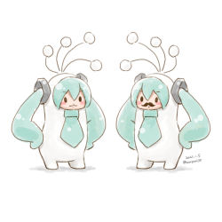 Rule 34 | 2girls, :3, antennae, aqua necktie, blush stickers, borrowed design, chibi, commentary, costume, dated, facial hair, hands on own hips, hatsune miku, long hair, looking at another, multiple girls, mustache, necktie, prehensile hair, pylori kin no uta (vocaloid), sanpati, solid oval eyes, twintails, twitter username, very long hair, vocaloid, white background