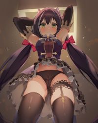 Rule 34 | 1girl, absurdres, amanoyui, animal ears, armpits, arms behind back, arms up, backlighting, bad id, bad pixiv id, bare shoulders, black hair, black panties, black thighhighs, blush, bow, breasts, cameltoe, cat ears, cat girl, closed mouth, detached sleeves, dress, frilled dress, frills, from below, gluteal fold, hair bow, highres, karyl (princess connect!), long hair, long sleeves, looking at viewer, looking down, medium breasts, multicolored clothes, multicolored dress, multicolored hair, navel, panties, pink bow, princess connect!, solo, streaked hair, thigh strap, thighhighs, underwear, v-shaped eyebrows, very long hair, white hair