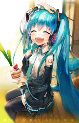 Rule 34 | 10s, 1girl, 39, 2014, ^ ^, aqua hair, black thighhighs, blush, cake, cake slice, closed eyes, detached sleeves, eating, food, food on face, fork, fruit, hand on another&#039;s head, hatsune miku, headset, highres, long hair, necktie, open mouth, plate, sitting, skirt, solo focus, strawberry, strawberry shortcake, thighhighs, twintails, very long hair, vocaloid, wide sleeves, zettai ryouiki, zis