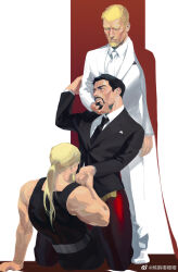 Rule 34 | 3boys, bara, black tank top, blonde hair, character request, check character, cheekbones, er miao ying ying ying, formal, hand on another&#039;s chin, highres, husband and husband and husband, kiss, kissing hand, kneeling, male focus, mature male, multiple boys, muscular, muscular male, short hair, suit, tank top, thick eyebrows, thor (marvel), tony stark, two-tone background, white suit, yaoi