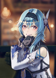 Rule 34 | 1girl, :d, absurdres, arm support, bar (place), black gloves, blue hair, blurry, commentary request, depth of field, eula (genshin impact), from side, genshin impact, gloves, grey eyes, hair between eyes, hair ornament, hairband, head rest, highres, ki-16, long sleeves, looking at viewer, looking to the side, medium hair, necktie, open mouth, sidelocks, smile, solo
