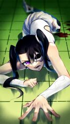 Rule 34 | 1girl, arm support, bare shoulders, black hair, black thighhighs, bleach, blood, blurry, commentary request, depth of field, detached sleeves, foreshortening, full body, hair between eyes, hair spread out, highres, indoors, loly aivirrne, long hair, lying, miniskirt, missing limb, on floor, on side, one eye covered, open mouth, pleated skirt, purple eyes, shirt, short sleeves, skirt, sleeveless, sleeveless shirt, solo, soraao0322, tears, thighhighs, tile floor, tiles, tsurime, twintails, white shirt, white skirt, zettai ryouiki