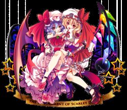 Rule 34 | 2girls, :d, adapted costume, ankle lace-up, ascot, bandaid, bandaid on knee, bandaid on leg, bat wings, blonde hair, bloomers, brooch, brown footwear, chain, cross-laced footwear, cuffs, cup, fangs, female focus, flandre scarlet, hat, hat ribbon, holding, holding cup, hug, jewelry, looking at viewer, midriff, miniskirt, mob cap, multiple girls, nail polish, navel, no socks, open mouth, puffy short sleeves, puffy sleeves, red eyes, red nails, red ribbon, remilia scarlet, ribbon, ribbon-trimmed clothes, ribbon trim, sandals, shima chiyo, shoes, short sleeves, siblings, sisters, skirt, skirt set, smile, spill, star (symbol), teacup, toenail polish, toenails, touhou, transparent background, underwear, window, wings, wrist cuffs