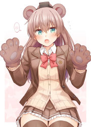 Rule 34 | 1girl, animal ears, animal hands, aqua eyes, bear ears, blazer, bow, bowtie, breasts, brown cardigan, brown hair, brown jacket, brown skirt, brown thighhighs, cardigan, collared shirt, commentary, fake animal ears, frilled skirt, frills, gloves, hair between eyes, jacket, kantai collection, kumano (kancolle), kumano kai ni (kancolle), long hair, long sleeves, medium breasts, miniskirt, paw gloves, pleated skirt, ponytail, red bow, red bowtie, revision, rui shi (rayze ray), school uniform, shirt, skirt, solo, thighhighs, white shirt