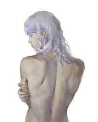 Rule 34 | 1boy, aizheajsee, androgynous, berserk, blood, blood on arm, completely nude, cuts, grey hair, griffith (berserk), hand on own arm, hand up, highres, injury, long hair, looking to the side, median furrow, nude, photo-referenced, profile, scratches, shoulder blades, simple background, solo, wavy hair, white background