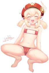 Rule 34 | 1girl, :d, ^ ^, ahoge, alternate costume, bare legs, barefoot, bikini, cabbie hat, closed eyes, clover print, commentary request, frilled bikini, frills, genshin impact, hair between eyes, hat, hat feather, hat ornament, highres, klee (genshin impact), light brown hair, long hair, looking at viewer, low twintails, midriff, musical note, navel, open mouth, pointy ears, sidelocks, simple background, smile, solo, squatting, swimsuit, toes, twintails, v, wata neo, white background