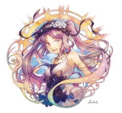 Rule 34 | 1girl, armlet, black sclera, bonnet, breasts, colored sclera, commentary request, dress, euryale (fate), euryale (third ascension) (fate), fate/hollow ataraxia, fate (series), hairband, hashibi rokou, headdress, lolita hairband, long hair, looking at viewer, purple eyes, purple hair, smile, solo, twintails, upper body, white dress