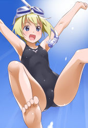 Rule 34 | 1girl, artist request, barefoot, blonde hair, blue eyes, breasts, diving mask, erica hartmann, feet, goggles, jumping, one-piece swimsuit, short hair, small breasts, snorkel, solo, strike witches, swimsuit, world witches series, youkan