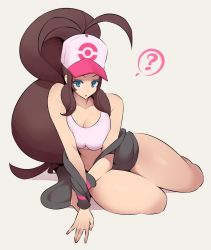 Rule 34 | 1girl, ?, antenna hair, bare shoulders, baseball cap, blue eyes, breasts, brown hair, cleavage, collarbone, creatures (company), game freak, hat, highres, hilda (pokemon), large breasts, long hair, looking at viewer, nac000, nintendo, off shoulder, pokemon, pokemon bw, ponytail, shirt, simple background, sitting, solo, tank top, thick thighs, thighs, white background, white shirt