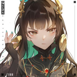 Rule 34 | black hair, chinese clothes, crown, earrings, g-arts, glaring, gold earrings, green hair, grey eyes, jewelry, long eyelashes, long hair, looking at viewer, multicolored hair, nail polish, portrait, pout, punishing: gray raven, qu (punishing: gray raven), simple background, tagme, two-tone hair, white background
