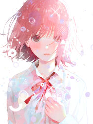 Rule 34 | 1girl, blush, circle, collared shirt, dots, expressionless, grey eyes, hand on own chest, hand up, highres, light particles, long sleeves, looking at viewer, nakamura hinata, neck ribbon, original, parted lips, pink hair, red ribbon, ribbon, shirt, short hair, solo, triangle, upper body, white background, white shirt, x