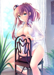 Rule 34 | 1girl, areola slip, backlighting, barefoot, between legs, blue eyes, blurry, blurry foreground, blush, breast press, breasts, brown hair, chair, cleavage, collared shirt, curtains, day, depth of field, dress shirt, hair ornament, hand between legs, indoors, kantai collection, large breasts, long hair, long sleeves, looking at viewer, naked shirt, no bra, on chair, one side up, parted lips, ponytail, pussy, ryu-akt, saratoga (kancolle), shiny skin, shirt, sitting, sitting backwards, smile, solo, spread legs, tareme, thighs, white shirt, wing collar