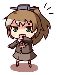Rule 34 | 10s, 1girl, :d, ascot, brown hair, chibi, full body, green eyes, hair ornament, kantai collection, kukku, kumano (kancolle), long hair, looking at viewer, open mouth, ponytail, school uniform, smile, solo
