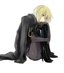 Rule 34 | 1boy, androgynous, arc system works, blazblue, blazblue: calamity trigger, blonde hair, bodysuit, boots, green eyes, high heel boots, high heels, hugging own legs, jacket, jacket on shoulders, jacket over shoulder, unworn jacket, kisaragi jin, knees to chest, leather, leather boots, maka (morphine), male focus, patent boots, shoes, short hair, solo, thigh boots, thighhighs