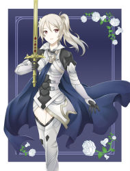 Rule 34 | 1girl, alternate hairstyle, armor, black gloves, black shirt, brown eyes, corrin (female) (fire emblem), corrin (fire emblem), faulds, fire emblem, fire emblem fates, floating hair, flower, gloves, grey thighhighs, hair between eyes, hair flower, hair ornament, holding, holding sword, holding weapon, kei (asufend), long hair, looking at viewer, nintendo, pointy ears, rose, shirt, silver hair, solo, standing, sword, thighhighs, weapon, white flower, white rose