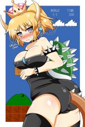 Rule 34 | 1girl, ? block, amagaeru, areola slip, arm under breasts, ass, bare shoulders, blonde hair, blue eyes, blush, bowsette, bracelet, breasts, cleavage, cloud, collar, covered erect nipples, crown, earrings, fang, flying sweatdrops, heart, heart-shaped pupils, highres, horns, jewelry, large breasts, looking at viewer, mario (series), monster girl, new super mario bros. u deluxe, nintendo, no bra, pointy ears, ponytail, shell, short hair, sky, solo, spiked bracelet, spiked collar, spiked shell, spikes, standing, strapless, super crown, super mario bros. 1, sweat, sweatdrop, symbol-shaped pupils, tail, text focus, thighhighs, tsurime, wavy mouth
