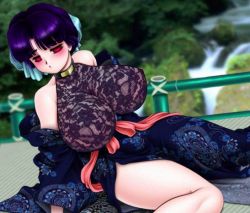Rule 34 | 1girl, blush, breasts, chichi kurage ss, choker, dutch angle, huge breasts, japanese clothes, kimono, lace, no bra, outdoors, purple hair, red eyes, short hair, solo