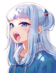 Rule 34 | 1girl, absurdres, blue eyes, blue hair, blunt bangs, blush, gawr gura, gawr gura (1st costume), hair ornament, highres, hololive, hololive english, hood, hoodie, long hair, looking at viewer, multicolored hair, one side up, open mouth, shark hair ornament, sharp teeth, shinno, simple background, solo, streaked hair, teeth, tongue, tongue out, virtual youtuber, white background, white hair