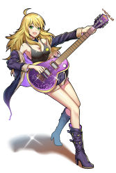 Rule 34 | 1girl, :d, absurdres, ahoge, black footwear, black shirt, black shorts, blonde hair, boots, breasts, cleavage, coat, green eyes, high heel boots, high heels, highres, holding, holding instrument, hoshii miki, idolmaster, idolmaster (classic), instrument, leaning back, long hair, looking at viewer, makise minami, medium breasts, open clothes, open coat, open mouth, print shirt, shiny skin, shirt, short shorts, shorts, sideboob, simple background, sleeveless, sleeveless shirt, smile, star (symbol), star print, very long hair, white background