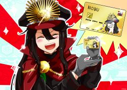 Rule 34 | 1girl, :d, ^ ^, artist name, black hair, blush, card, chibi, cloak, closed eyes, crest, facing viewer, family crest, fate (series), gloves, grey gloves, hair between eyes, hand up, hands up, hat, holding, keikenchi (style), koha-ace, long hair, long sleeves, military, military hat, military uniform, oda nobunaga (fate), oda nobunaga (koha-ace), open mouth, peaked cap, reito6, signature, sketch, smile, solo, sparkle, sunburst, uniform, upper body