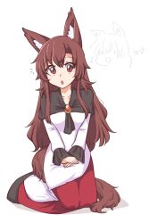 Rule 34 | 1girl, :o, animal ears, brooch, brown hair, imaizumi kagerou, jewelry, looking at viewer, notice lines, own hands together, red eyes, red skirt, seiza, shirt, simple background, sitting, skirt, solo, tail, touhou, white background, white shirt, wolf ears, wolf tail, wool (miwol)
