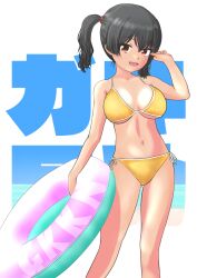 1girl bikini borrowed_character breasts fangs gaki_kyonyuu hair_between_eyes highres innertube large_breasts navel open_mouth original red_eyes sasaki_kanna_(kaedeko) side-tie_bikini_bottom solo swim_ring swimsuit twintails yellow_bikini