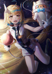 Rule 34 | 1girl, absurdres, ahoge, animal, bare shoulders, black footwear, blonde hair, blue bow, blue bowtie, blunt bangs, blush, boots, bow, bowtie, breasts, character request, chromatic aberration, constellation, dress, fang, full body, gloves, highres, holding, huge filesize, looking at viewer, mirage (rairudiseu), saturn (planet), short hair, skin fang, sleeveless, sleeveless dress, small breasts, solo, space, spacesuit, white dress, white gloves, yellow eyes, zutto mayonaka de ii no ni