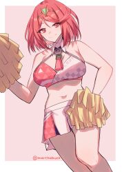 Rule 34 | 1girl, absurdres, armpit crease, artist name, bare shoulders, bob cut, border, breasts, cheerleader, closed mouth, collar, commentary, detached collar, earrings, english commentary, highres, jewelry, large breasts, marthabucks, midriff, navel, outside border, pom pom (cheerleading), pyra (xenoblade), red background, red eyes, red hair, simple background, skirt, smile, solo, standing, star (symbol), star earrings, tiara, white border, white collar, xenoblade chronicles (series), xenoblade chronicles 2