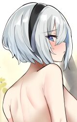 Rule 34 | 1girl, back, blue eyes, blush, bob cut, breasts, closed mouth, completely nude, enishi96, headband, highres, large breasts, looking at viewer, looking back, nier:automata, nier (series), nude, paid reward available, short hair, sideboob, solo, upper body, white hair, 2b (nier:automata)