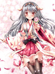 Rule 34 | 10s, 1girl, bare shoulders, black hair, detached sleeves, flower, hair ornament, hairband, hairclip, haruna (kancolle), japanese clothes, kantai collection, long hair, nogi takayoshi, open mouth, personification, skirt, smile, solo, thighhighs