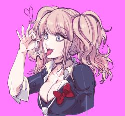 Rule 34 | 1girl, black nails, black shirt, blue eyes, bra, breasts, choker, cleavage, collarbone, commentary request, cropped torso, danganronpa: trigger happy havoc, danganronpa (series), danganronpa 2: goodbye despair, enoshima junko, fangs, gwanlamcha, hand up, heart, highres, hinata hajime, holding, imminent vore, large breasts, long hair, mini person, miniboy, nail polish, navel, necktie, open mouth, pants, pink background, shirt, simple background, sleeves rolled up, smile, solo, stomach, tongue, tongue out, twintails, underwear, upper body, wavy hair
