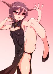Rule 34 | 1girl, absurdres, blush, breasts, china dress, chinese clothes, cleavage cutout, clothing cutout, dress, fang, gradient background, grey hair, harigane shinshi, highres, horns, leg up, nipples, open mouth, original, panties, pointy ears, red eyes, small breasts, solo, underwear