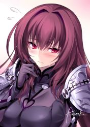 Rule 34 | 1girl, armor, artist name, blush, bodysuit, breasts, commentary request, fate/grand order, fate (series), flying sweatdrops, holding, holding hair, kousaki rui, large breasts, long hair, looking to the side, pauldrons, purple bodysuit, purple hair, red eyes, scathach (fate), shoulder armor, signature, simple background, solo