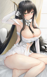 Rule 34 | 1girl, azur lane, black hair, breasts, cleavage, dress, elbow gloves, foot out of frame, gloves, green eyes, hair on horn, hand in own hair, highres, horns, indomitable (azur lane), indoors, light blush, long hair, nori aji, on bed, pillow, short dress, solo, very long hair, white dress, white gloves, window