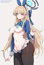 Rule 34 | 1girl, animal ears, blonde hair, blue archive, blush, bow, breasts, cameltoe, cleft of venus, fake animal ears, halo, heart pasties, highres, large breasts, leotard, long hair, long sleeves, looking at viewer, maebari, meme attire, navel, nipples, pantyhose, pasties, playboy bunny, rabbit ears, reverse bunnysuit, reverse outfit, shrug (clothing), simao (x x36131422), solo, thighband pantyhose, toki (blue archive), toki (bunny) (blue archive), very long hair, wrist cuffs