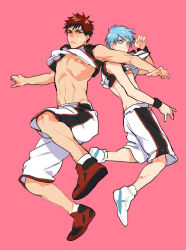 Rule 34 | 2boys, abs, bandaid, bandaids on nipples, basketball uniform, blue eyes, blue hair, blush, closed mouth, clothes lift, embarrassed, full body, jersey, k29, kagami taiga, kuroko no basuke, kuroko tetsuya, looking at viewer, male focus, multiple boys, pasties, pink background, red eyes, red hair, shirt lift, shoes, shorts, simple background, sleeveless, sneakers, sportswear, toned, toned male