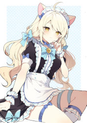 Rule 34 | 1girl, ahoge, animal ears, apron, bell, black dress, blonde hair, blue bow, blue bowtie, bow, bowtie, buttons, cat ears, closed mouth, commission, cream (kkyuang), double-breasted, dress, hair bow, hand up, highres, ikeuchi tanuma, jingle bell, long hair, looking at viewer, low twintails, maid headdress, neck bell, original, pale skin, puffy short sleeves, puffy sleeves, short sleeves, skeb commission, solo, thigh strap, twintails, waist apron, white apron, wristband, yellow eyes