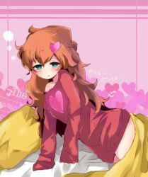 Rule 34 | 1girl, alternate hairstyle, aqua eyes, arm support, bed sheet, blanket, blush, dot nose, female focus, hair between eyes, hair down, hair ornament, half-closed eyes, heart, heart background, heart hair ornament, heart print, long hair, long sleeves, looking at viewer, meiwari, messy hair, nintendo, on bed, orange hair, parted lips, penny crygor, pillow, pink background, shirt, sidelocks, sleeves past fingers, sleeves past wrists, solo, under covers, waking up, warioware