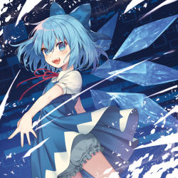 Rule 34 | 1girl, :d, bloomers, blue bow, blue dress, blue eyes, blue hair, blush, bow, cirno, commentary request, cowboy shot, dress, fang, hair between eyes, hair bow, ice, ice wings, looking at viewer, neck ribbon, official art, open mouth, red ribbon, ribbon, short hair, short sleeves, sidelocks, smile, solo, standing, taranboman, touhou, underwear, wings