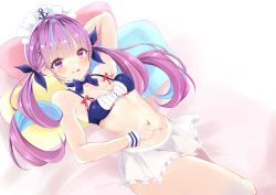 Rule 34 | 1girl, ahoge, arm up, armpits, bare arms, bare shoulders, bikini, blue bikini, blue bow, blue bowtie, blue hair, blue ribbon, blush, bow, bowtie, braid, breasts, choker, cleavage, closed mouth, colored inner hair, frilled choker, frills, hair ribbon, headdress, highres, hololive, long hair, looking at viewer, lying, medium breasts, minato aqua, miniskirt, multicolored hair, nail polish, navel, on back, pillow, purple eyes, purple hair, ribbon, rikotan, see-through, skirt, smile, solo, swimsuit, tongue, tongue out, twintails, two-tone hair, virtual youtuber, white skirt, wrist cuffs
