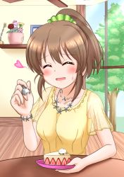 Rule 34 | 10s, 1girl, bibinbabomber, blouse, blush, breasts, brown hair, cake, collarbone, closed eyes, flower, food, fork, glint, hair ribbon, highres, hori yuuko, idolmaster, idolmaster cinderella girls, indoors, jewelry, looking at viewer, necklace, open mouth, photo (object), plant, plate, ponytail, ribbon, shelf, shirt, short hair, short sleeves, solo, table, tree, upper body, vase, window, wooden floor