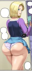 Rule 34 | 1girl, android 18, ass, blonde hair, blue eyes, breasts, cellphone, clothes lift, dragon ball, dragon ball super, english text, highres, huge ass, huge breasts, looking at viewer, looking back, panties, phone, pinkpawg, purple panties, short hair, skirt, skirt lift, smartphone, solo, speech bubble, standing, thick thighs, thighs, underwear, upskirt, wedgie, wide hips