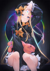 Rule 34 | 1girl, abigail williams (fate), black bow, black dress, black headwear, blonde hair, bloomers, blue eyes, blush, bow, breasts, dress, fate/grand order, fate (series), forehead, frills, hair bow, hand up, highres, keyhole, long hair, long sleeves, looking at viewer, mhk (mechamania), open mouth, orange bow, parted bangs, portal (object), ribbed dress, sitting, sleeves past wrists, small breasts, solo, space, star (sky), stuffed animal, stuffed toy, teddy bear, underwear, v, white bloomers