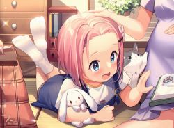 Rule 34 | 2girls, blue dress, book, cat, child, dress, feet, forehead, hair ornament, hairclip, hand on another&#039;s head, hand on another&#039;s thigh, hand on own stomach, head out of frame, highres, indoors, kotatsu, kuri (animejpholic), legs up, lying, mother and daughter, multiple girls, hugging object, on floor, on stomach, open mouth, original, pink hair, pregnant, purple dress, shirt, short hair, short sleeves, sitting, smile, socks, soles, stuffed animal, stuffed rabbit, stuffed toy, table, tatami, thighs, white footwear, white shirt