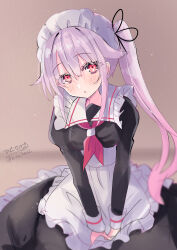 Rule 34 | 1girl, absurdres, adapted costume, alternate costume, apron, artist logo, black dress, brown background, dress, frilled apron, frills, hair flaps, hair ribbon, harusame (kancolle), highres, hizaka, kantai collection, maid, maid headdress, neckerchief, official alternate costume, one-hour drawing challenge, pink hair, red hair, red neckerchief, ribbon, sailor collar, sailor dress, side ponytail, solo, twitter username, white apron, white sailor collar