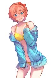 Rule 34 | 1girl, :d, bare shoulders, bikini, blue eyes, blue jacket, blush, bow, breasts, cleavage, cowboy shot, doki doki literature club, hair between eyes, hair bow, jacket, leaning to the side, looking at viewer, medium breasts, navel, off shoulder, open clothes, open jacket, open mouth, pink hair, red bow, sayori (doki doki literature club), simple background, smile, solo, sora (efr), swimsuit, white background, yellow bikini
