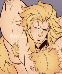 Rule 34 | 1boy, arm behind head, arm up, armpit focus, armpit hair, armpits, bara, blonde hair, blue eyes, body fur, frown, guilty gear, large pectorals, leo whitefang, long hair, looking at viewer, male focus, mature male, muscular, muscular male, nipples, nude, pectorals, presenting armpit, solo, thick chest hair, upper body, yaki (taiyakipress)
