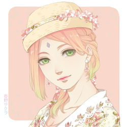 Rule 34 | 1girl, braid, character name, collarbone, earrings, eyelashes, facial mark, floral print, flower, forehead mark, green eyes, haruno sakura, hat, japanese text, jewelry, lips, long hair, looking at viewer, multicolored hair, naruto, naruto (series), pink background, pink hair, portrait, shi er xian, shirt, simple background, solo, text focus, translation request, two-tone hair