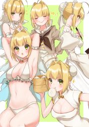 Rule 34 | 1girl, absurdres, adapted costume, ahoge, arm strap, armpits, arms behind head, arms up, bare shoulders, bikini, blonde hair, blush, border, braid, breasts, bridal veil, brown neckwear, bun cover, china dress, chinese clothes, choker, cleavage, cleavage cutout, closed eyes, closed mouth, clothing cutout, detached sleeves, double bun, dress, fate/extra, fate/extra ccc, fate (series), food, french braid, green background, green eyes, grey serafuku, grey shirt, hair between eyes, hair bun, hair intakes, hair ribbon, head wreath, highres, large breasts, long hair, looking at viewer, mouth hold, multiple views, navel, nero claudius (bride) (fate), nero claudius (fate), nero claudius (fate) (all), open mouth, pen, profile, puffy detached sleeves, puffy sleeves, red ribbon, ribbon, sailor collar, school uniform, serafuku, shirt, short sleeves, simple background, single hair bun, skirt, smile, swimsuit, thighs, veil, white bikini, white border, white dress, white skirt, white sleeves, yayoi maka